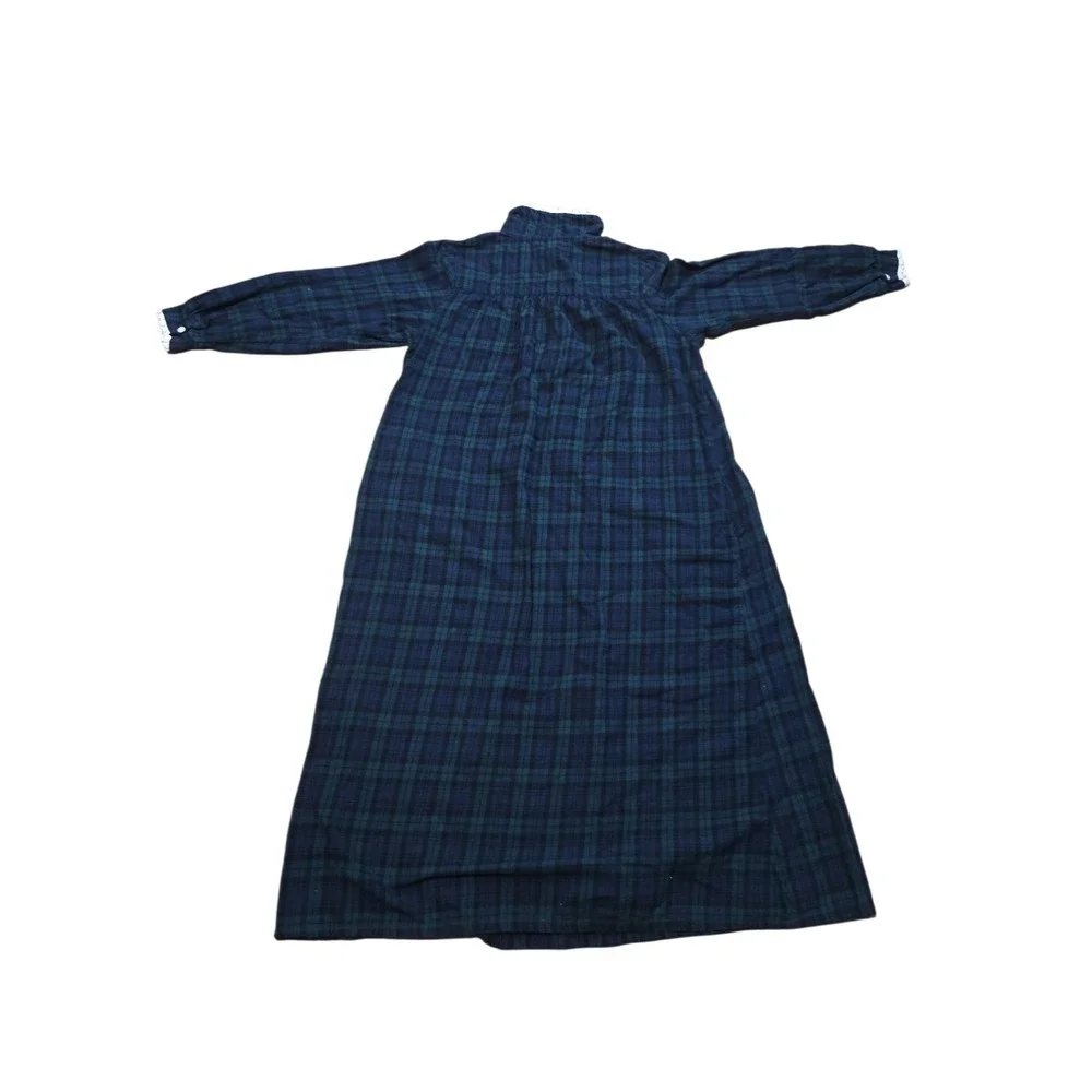 Lanz of Salzburg Green Blue Plaid Flannel Nightgown Maxi Lace Trim PM - Picture 4 of 13